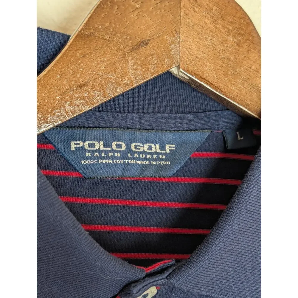 Polo Golf Ralph Lauren Mens Shirt Navy Red Stripe Pima Cotton Short Sleeve Large